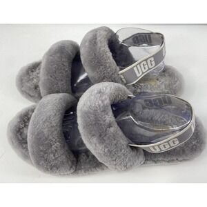 UGG Sandal Women 12 Gray Yeah Fluff Slide Slingback Shearling Slipper Plush Logo